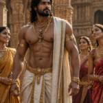 A powerful Indian bodybuilder in ancient royal attire with admiring women, symbolizing Ayurvedic Vajikarana and physical strength.