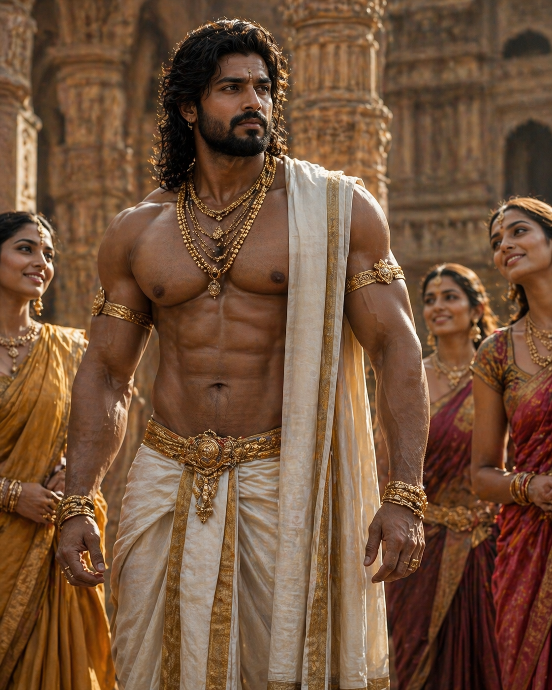 A powerful Indian bodybuilder in ancient royal attire with admiring women, symbolizing Ayurvedic Vajikarana and physical strength.