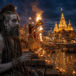 A mystical scene of Varanasi featuring an Aghori sadhu watching the Ganga Aarti at twilight with Kashi Vishwanath temple in the background.