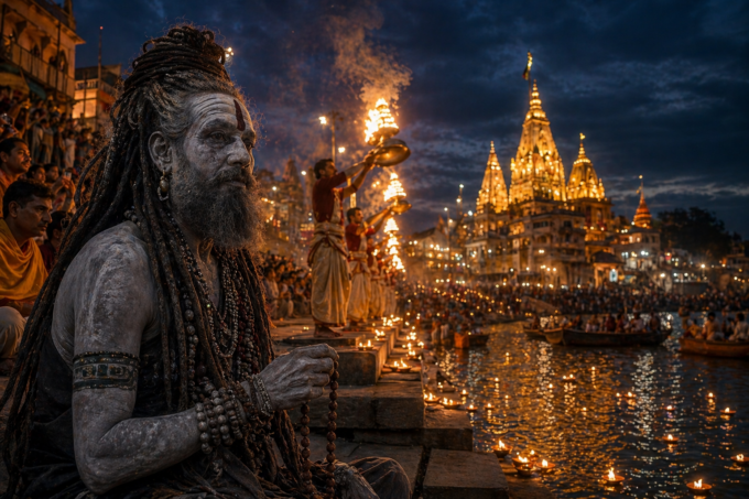A mystical scene of Varanasi featuring an Aghori sadhu watching the Ganga Aarti at twilight with Kashi Vishwanath temple in the background.