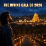 A spiritual view of Tirumala temple with a pilgrim looking at the golden gopuram, Tirupati Darshan 2026 updates.