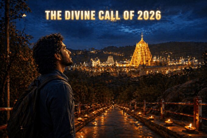 A spiritual view of Tirumala temple with a pilgrim looking at the golden gopuram, Tirupati Darshan 2026 updates.