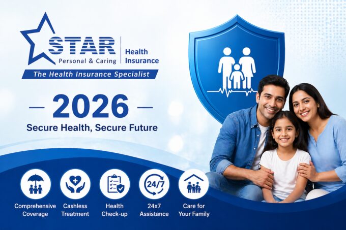 Family protected under health insurance shield illustration representing Star Health Insurance 2026 plans with secure future concept