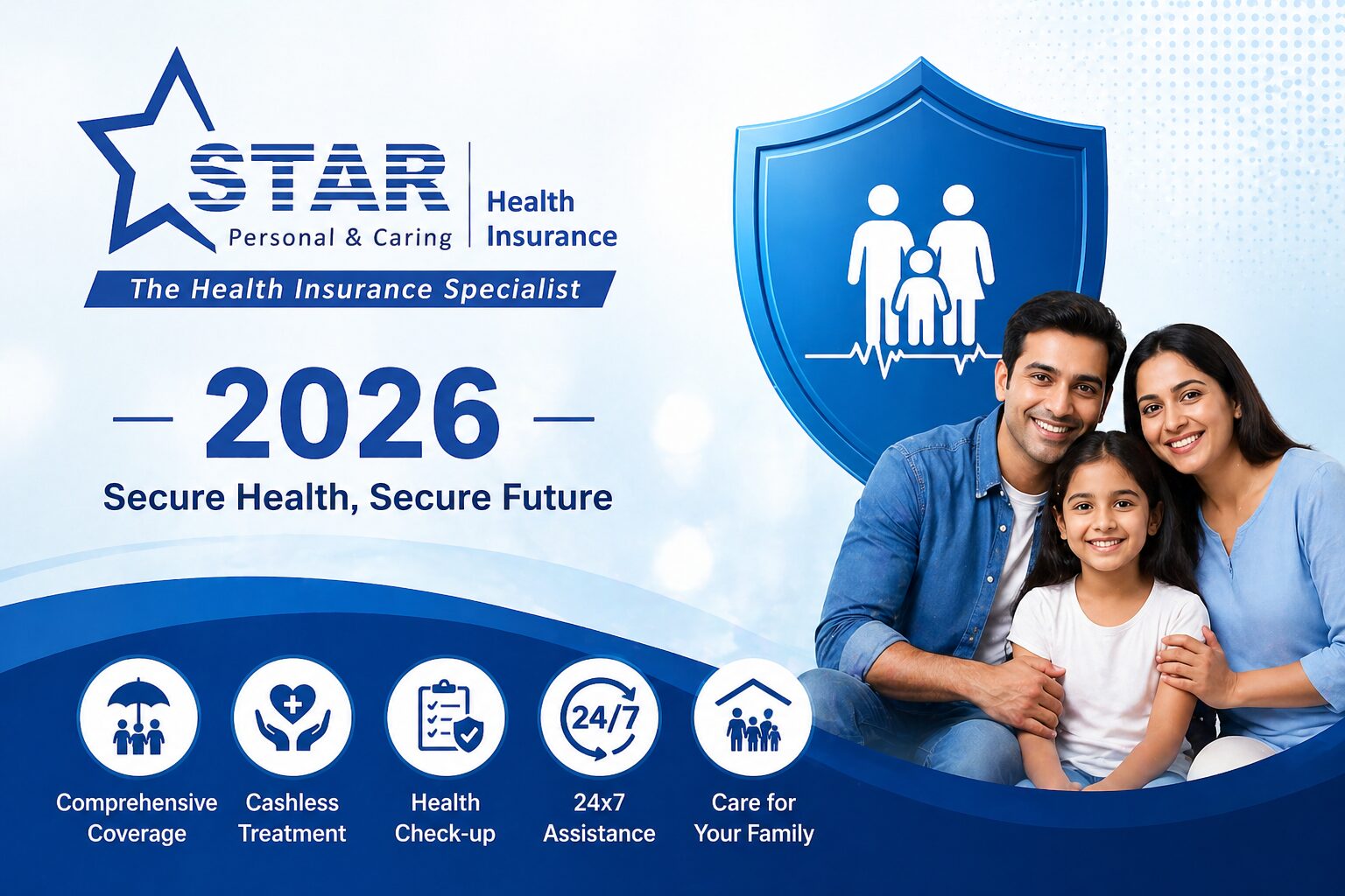 Family protected under health insurance shield illustration representing Star Health Insurance 2026 plans with secure future concept