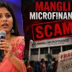 Mangli speaking with microphone alongside Mangli Microfinance scam graphic showing fraud investigation warning and failed finance company concept