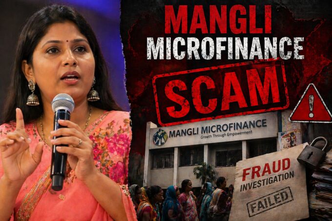 Mangli speaking with microphone alongside Mangli Microfinance scam graphic showing fraud investigation warning and failed finance company concept