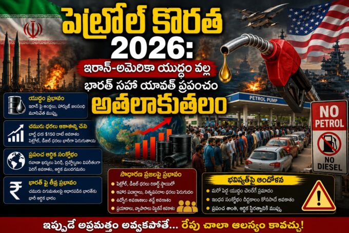 Petrol shortage 2026 concept showing Iran America war impact with fuel crisis, long queues at petrol pumps, oil barrels, and global economic tension