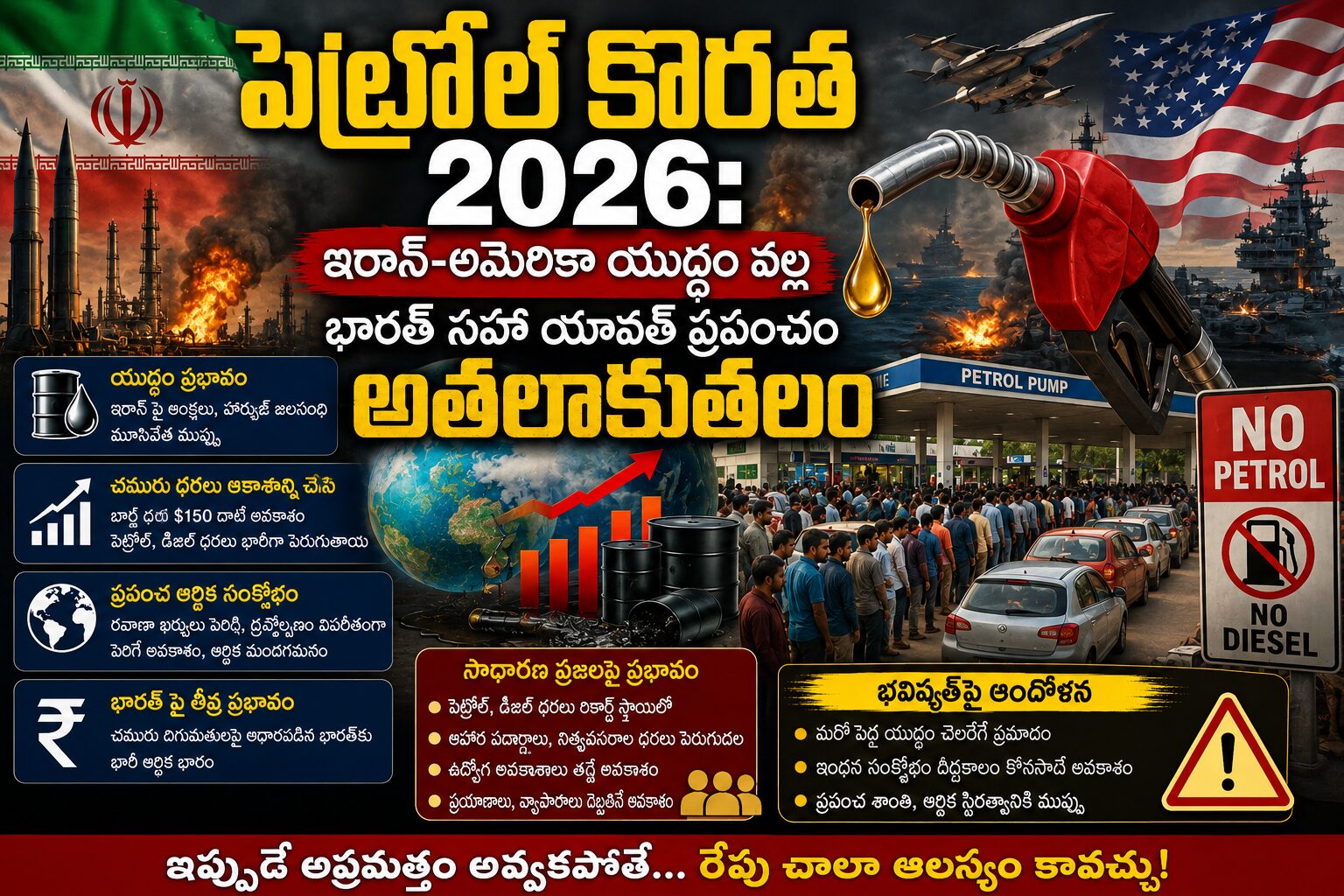 Petrol shortage 2026 concept showing Iran America war impact with fuel crisis, long queues at petrol pumps, oil barrels, and global economic tension