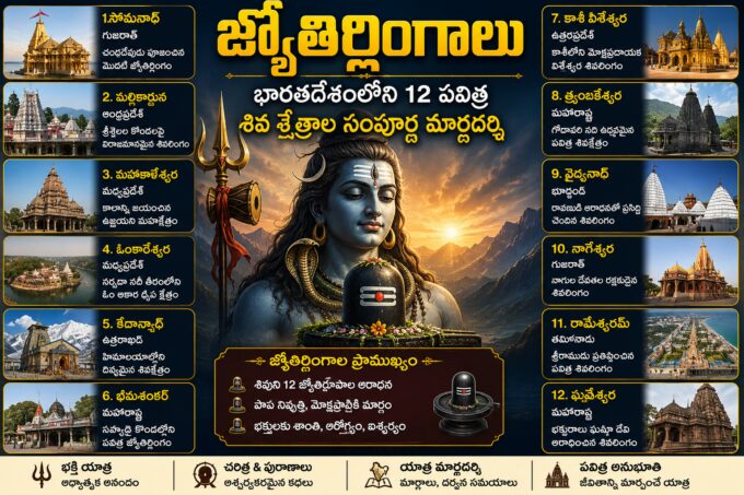 భారతదేశంలోని 12 జ్యోతిర్లింగాల పటం మరియు పవిత్ర శివ క్షేత్రాల వివరాలు
