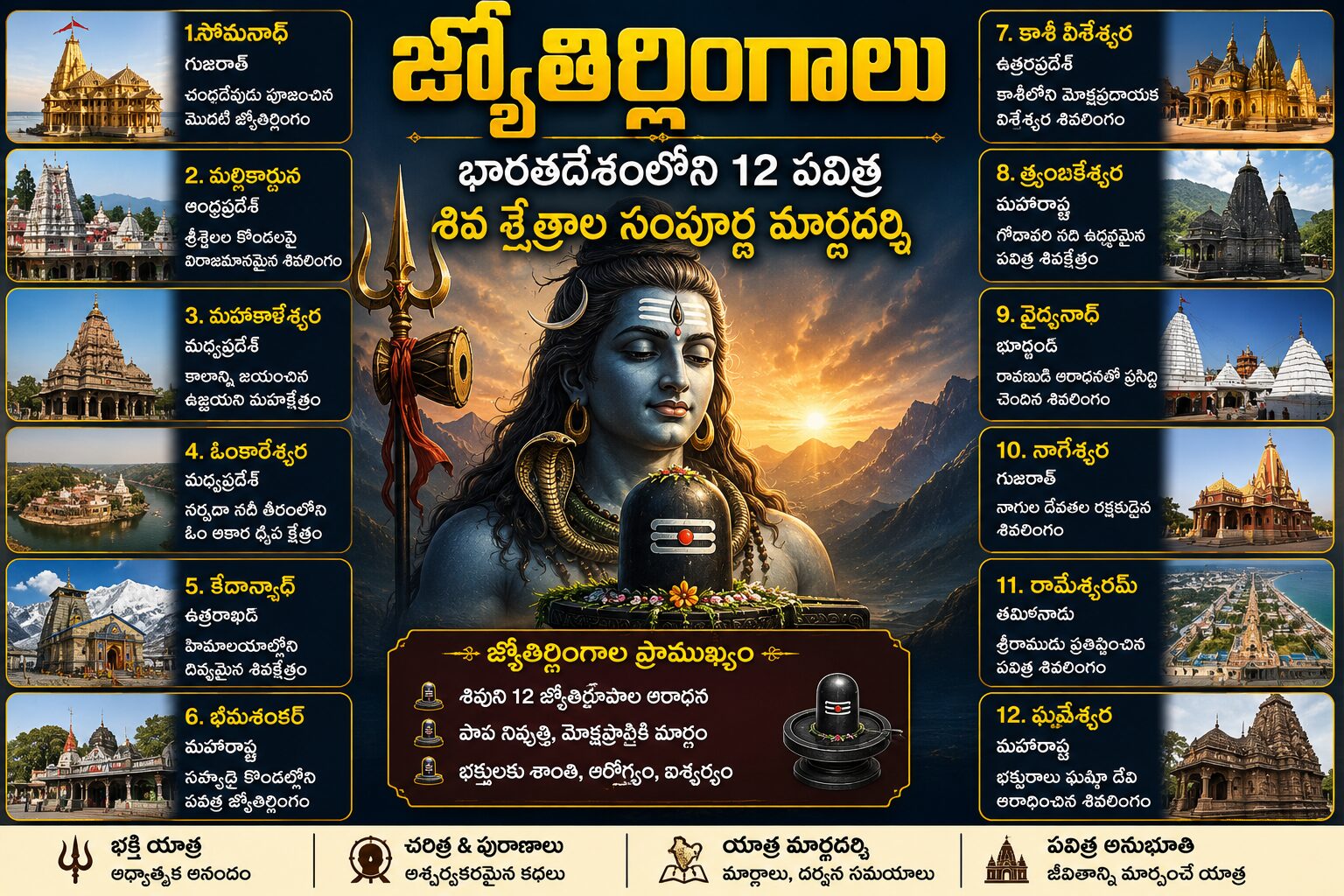భారతదేశంలోని 12 జ్యోతిర్లింగాల పటం మరియు పవిత్ర శివ క్షేత్రాల వివరాలు