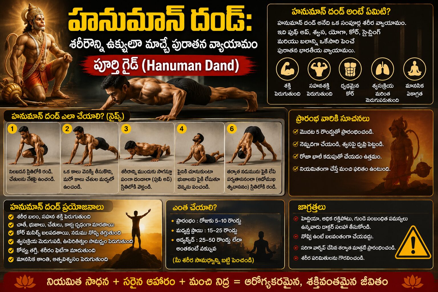 Man performing Hanuman Dand ancient Indian exercise with Lord Hanuman background representing strength, stamina, flexibility, and traditional fitness practice