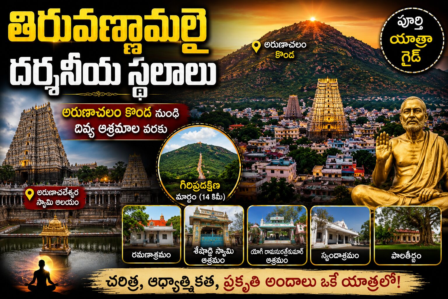 అరుణాచలం కొండ, తిరువణ్ణామలై అరుణాచలేశ్వర ఆలయం, రమణ మహర్షి ఆశ్రమం మరియు యాత్రా ప్రదేశాలతో రూపొందించిన యూట్యూబ్ థంబ్నెయిల్
