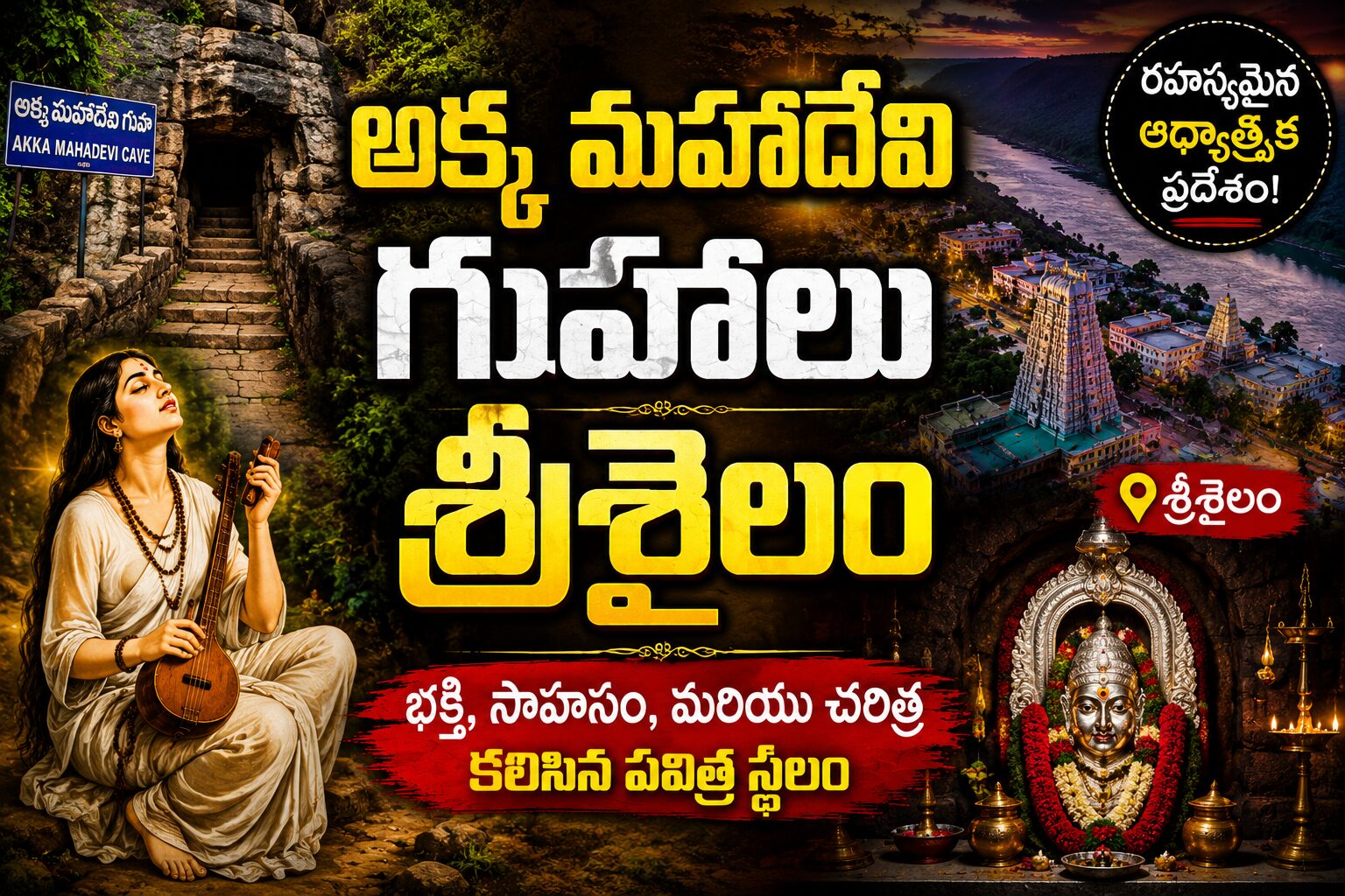 శ్రీశైలంలో అక్క మహాదేవి గుహలు — కృష్ణా నది పక్కన నల్లమల కొండల మధ్య ఉన్న పవిత్ర సహజ గుహలు