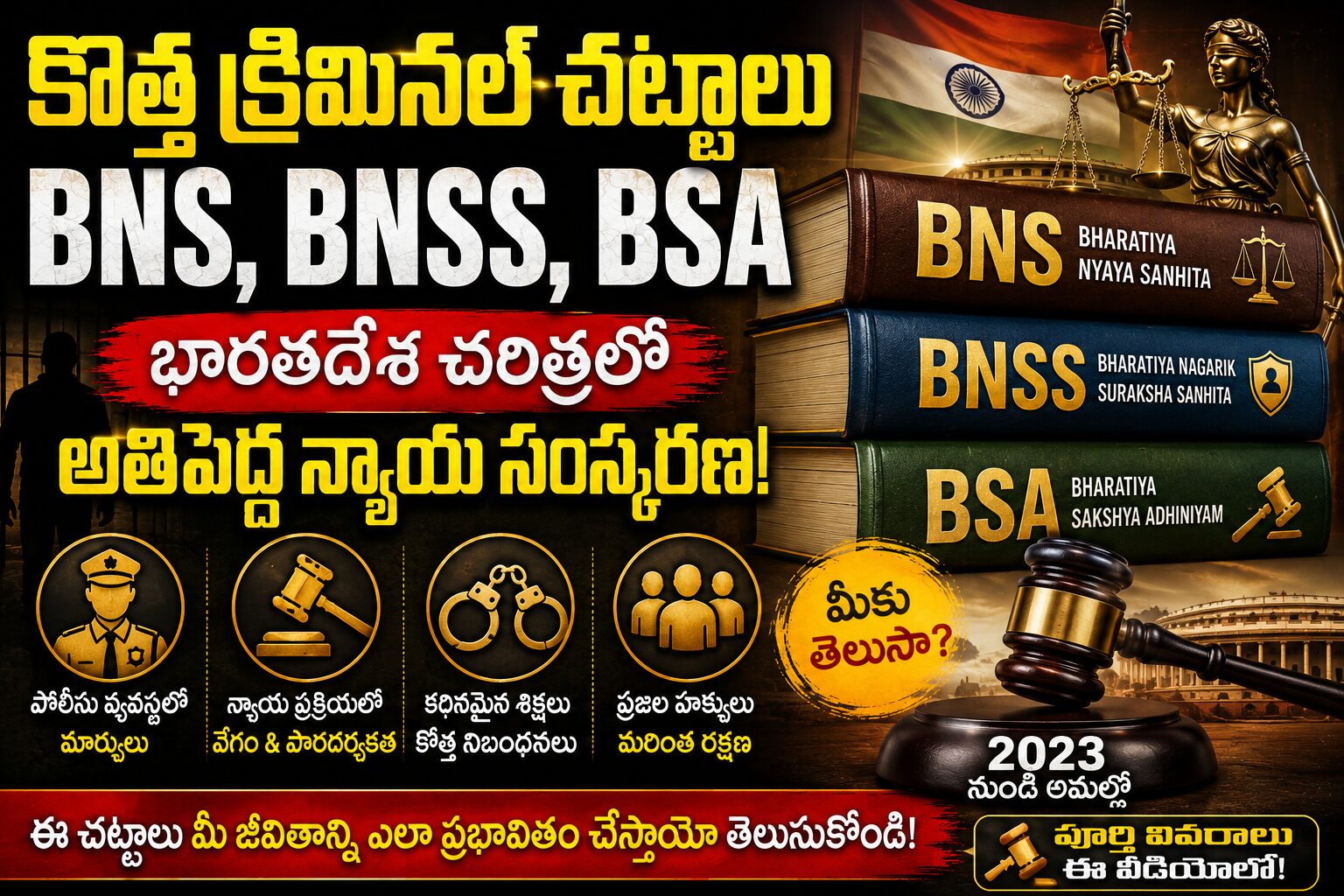 కొత్త క్రిమినల్ చట్టాలు BNS BNSS BSA తెలుగు వివరణ — IPC CrPC స్థానంలో వచ్చిన భారత న్యాయ సంస్కరణ 2024