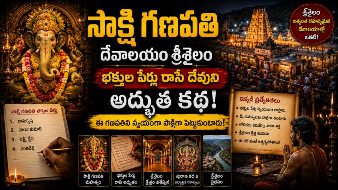 శ్రీశైలంలో సాక్షి గణపతి దేవాలయం — పుస్తకం మరియు కలం పట్టుకున్న నల్లరాతి గణేశుని విగ్రహం