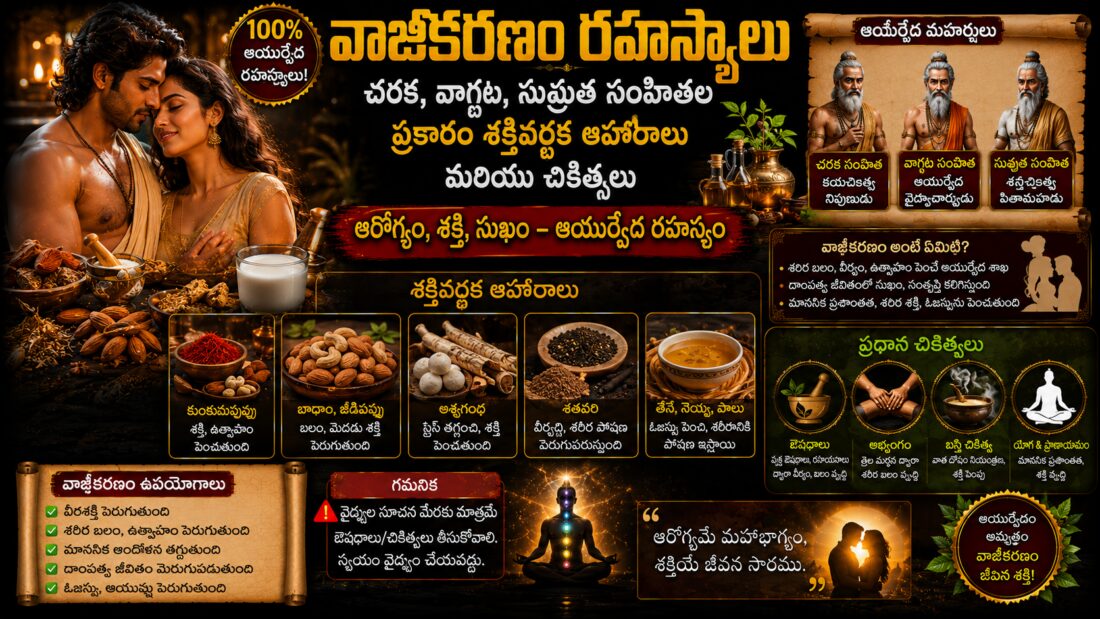 Ancient Ayurvedic Vajikarana concept with Ashwagandha, saffron milk, herbs, romantic couple and Indian sages representing natural vitality and wellness