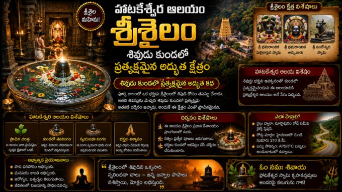 Hatakeswara Temple Srisailam with sacred Shiva Lingam in holy water pond, ancient temple atmosphere and spiritual lighting