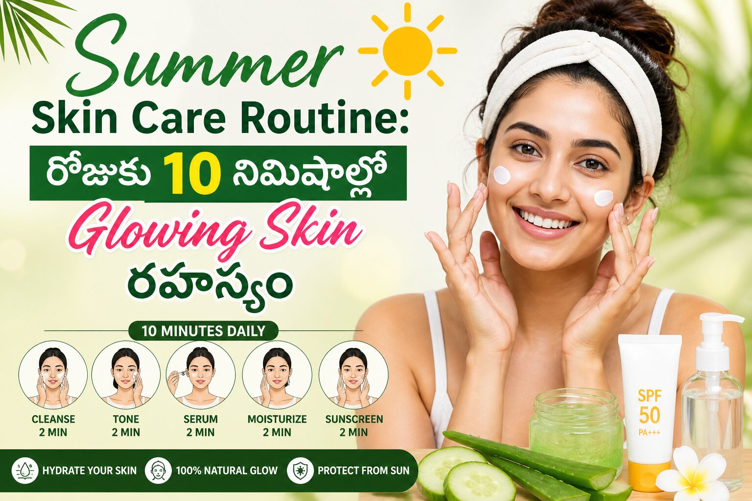 వేసవి కాలంలో చర్మ సంరక్షణ చేసుకుంటున్న మహిళ సన్స్క్రీన్ పూసుకుంటూ - Summer Skin Care Routine Telugu