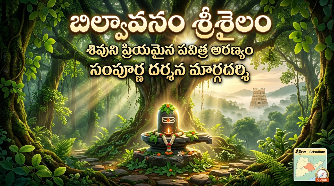 శ్రీశైలం బిల్వావనం పవిత్ర అరణ్యంలో శివలింగం, వెనుక భాగంలో శ్రీశైలం మల్లికార్జున స్వామి గోపురం మరియు తెలుగు టెక్స్ట్‌తో కూడిన యూట్యూబ్ థంబ్‌నెయిల్.