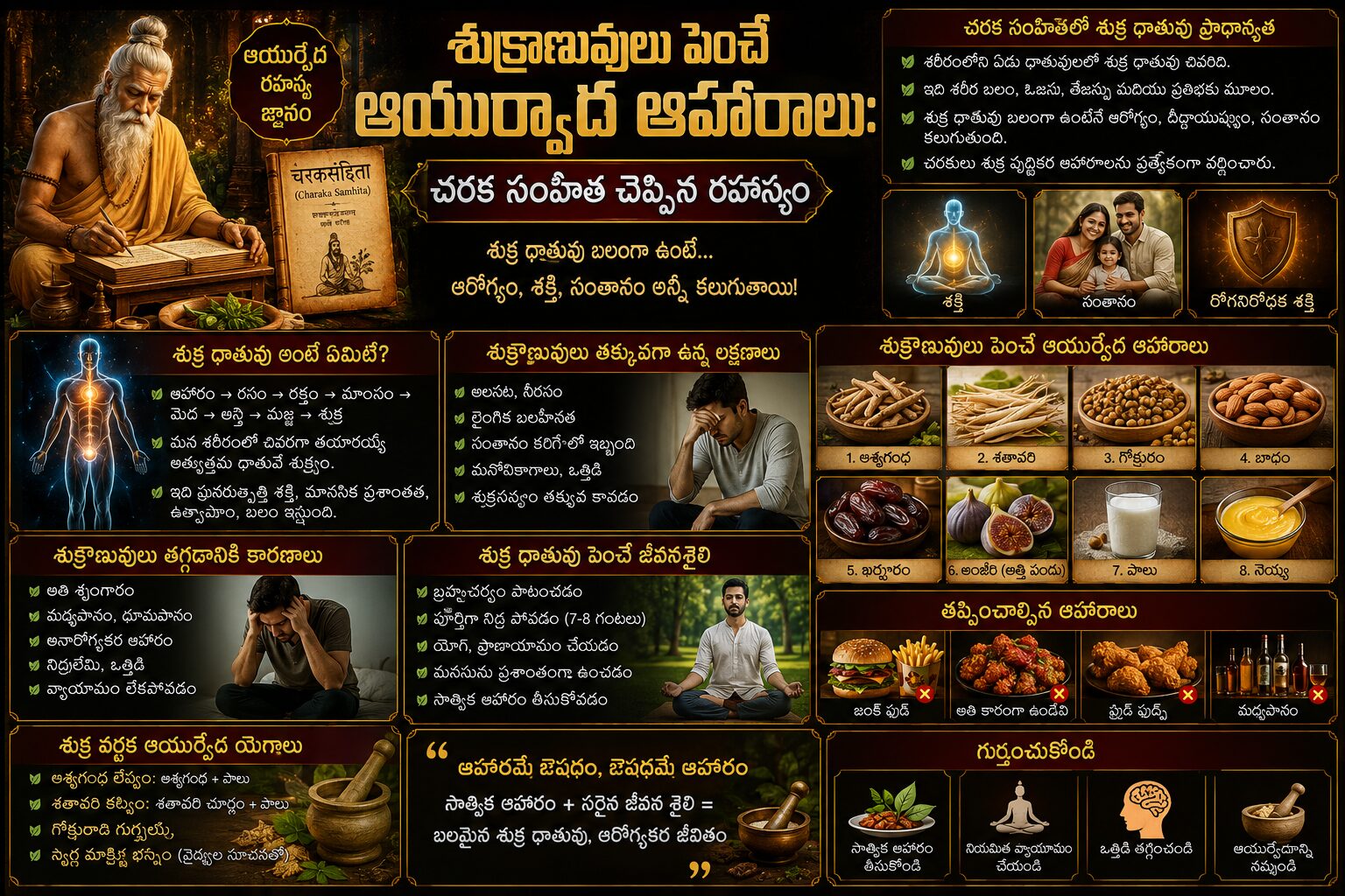 Ayurvedic foods for increasing sperm count and male fertility based on Charaka Samhita, featuring Ashwagandha, Shatavari, almonds, dates, milk and traditional Ayurvedic herbs