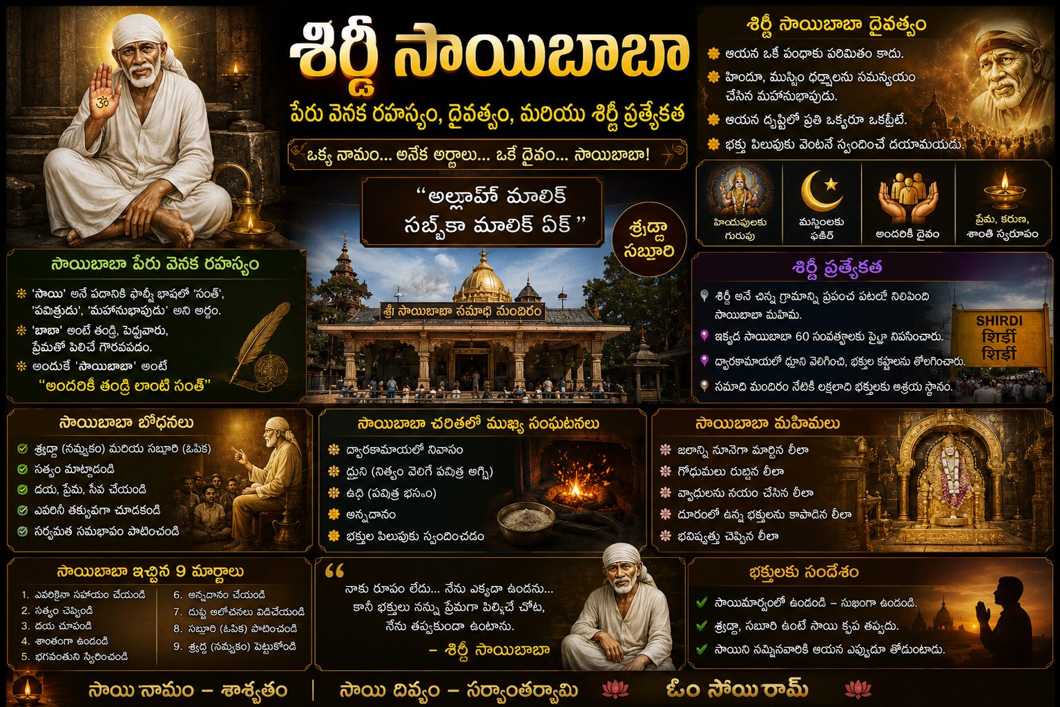 Shirdi Sai Baba spiritual infographic showing Sai Baba portrait, Shirdi temple, divine teachings, miracles and significance of Shirdi pilgrimage
